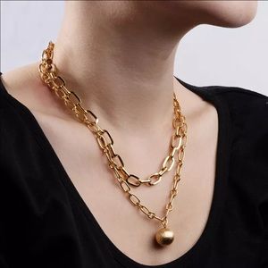Zara Textured Gold Ball 2-Chains Necklace Fine Oval Ball Pendant Link Satin